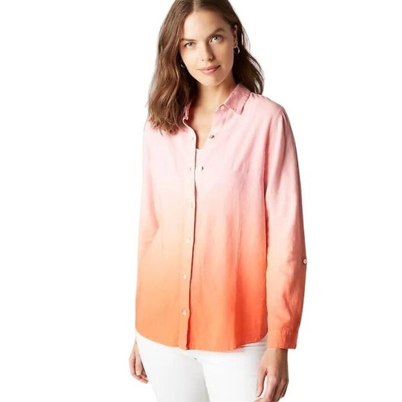 J. Jill Linen Blend Tab-Sleeve A-Line Button-Up Shirt Orange Ombre Size … - Picture 1 of 14